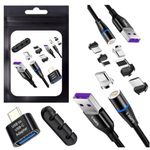 Fast 5A/100W 3-in-1 USB Magnetic Charging Cable 480Mbp/s Data Transfer; for USB-C, Micro-USB & Lightning Devices; Includes: 2 Magnetic Cables, 6 Magnetic Tips, Cable Organizer, USB-A to USB-C Adapter