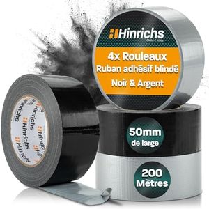 Hinrichs Ruban Adhésif Argent/Noir - 4 Rouleaux de Ruban en Tissu 50m x 50mm - Duct Tape extra fort - Gaffer Tape Imperméable - Ruban Adhésif puissant pour une utilisation Intérieure et Extérieure