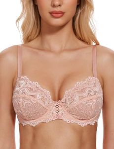 Wingslove Women's Sexy Lace Bra Non Padded Underwire Unlined Bra Full Coverage Plus Size Lace Bralette (Pink Nude,36C)