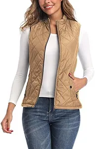 Argstar Women's Quilted Puffer Vest with 4 Pockets, Stand Collar Lightweight Zip Padded Outerwear Gilet Camel Large
