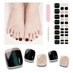 WEKCEKCEK Semi Cured Gel Toenail Strips, 32 Black Glitter Gold Toenail Stickers Pedicure Strips Salon Quality Nail Wraps with Nail File & Wood Stick(UV/LED Lamp Required)