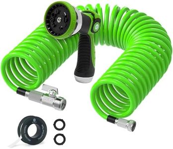 Morvat 25 FT Flexible Coil Garden Hose with ON/OFF Valve, Expandable Spiral Spring Recoil Water Hose with Nickel Plated Brass Fittings, for Boats Yard & RV, Includes 10 Way Sprayer & Teflon Tape