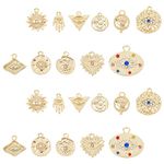 SUNNYCLUE 1 Box 22Pcs 18K Gold Plated Evil Eye Charms Bulk Alloy Rhinestone Evil Eye Hamsa Hand Connectors Link Charm Pendant Jewelry Findings for Earring Bracelet Necklace Anklets Jewelry Making