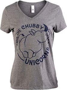 Ann Arbor T-shirt Co. Save The Chubby Unicorns | Funny Phrase Rhino Saying V-Neck T-Shirt for Women-(Vneck,S) Retro Grey