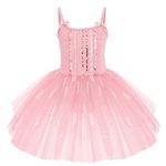 IWEMEK Kids Girls Ballet Dance Dress Sleeveless Sequins Feather Gymnastics Leotard Tutu Skirt Ballerina Costume Spaghetti Stap Cami One Piece Figure Skating Dance Children Dancewear Pink 5-6 Years