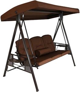 Sunnydaze 3-Person Steel Patio Swing Bench with Adjustable Tilt Canopy - Cushions and Pillow Included - Brown