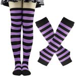 Thigh High Socks Knit Stripe Long Socks Over Knee Cotton Leg Warmer for Women Girls Arm Warmer Gloves Boot Socks (Purple, One Size)