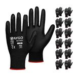 Safety Work Gloves PU Coated-12 Pairs,KAYGO KG11PB, Seamless Knit Glove with Polyurethane Coated Smooth Grip on Palm & Fingers, for Men and Women, Ideal for General Duty Work (S, Black)