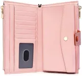 ANDOILT Wallet Women RFID Blocking Genuine Leather Bifold Multi Card Organizer Wristlet Purse Cell Phone Handbag with Zipper Pocket Pink