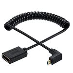 Qaoquda Micro HDMI to HDMI Coiled Cable, 8K Micro HDMI Male to HDMI Female 90 Degree Angle Spring Extension Cord 2.1V for Tablet Graphics/Video Card, Laptop (1.2M/4FT) (Down Angle)