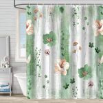 Watercolor Floral Shower Curtain, Sage Green Beige Flower Shower Curtain for Bathroom, Modern Minimalist Boho Waterproof Fabric Shower Curtain Set with Hooks 72x72 Inch