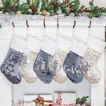 JEKOSEN Christmas Stockings 6 Pack for Family 20" Sliver Sequins with White Soft Faux Fur Classic Fireplace Tree Decorations Hanging Ornament for Xmas Season Decor (3 White & 3 Blue)