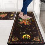 Likiyol Gothic Kitchen Rugs Sets of 2, Butterfly Anti Fatigue Cushioned Kitchen Mat for Floor, Standing, Mushroom Moon Non Skid Washable Kitchen Rugs and Mats, 18'' x 30'' + 18'' x 48'', Black