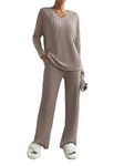 SotRong Ribbed Loungewear Sets for Women Loose Fit Pyjama Sets Casual Track Suits Ladies Activewear Sets Plain T Shirt Elastic Waist Wide Leg Trousers Khaki M