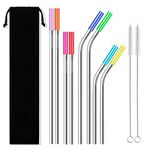 Yomitek Stainless Steel Metal Straws, Set of 8 Reusable Drinking Metal Straws for 20oz/30oz Tumblers, Starbucks, Tervis, 10.5/8.5 inch Metal Straws with Silicone Tips, 2 Cleaning Brushes & 1 Pouch (Silver)