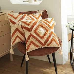 Bay Breeze 2 Decorative Square Throw Pillow Covers, Hand Woven Fringed Cushion Cover with Tassels, Soft Linen Chenille Pillow Case (Boho Tuft)