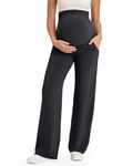 G4Free Maternity Pants Over The Belly Yoga Dress Work Pregnancy Pants Stretchy Lounge Wide Leg Trousers with Pockets,Black,L,30"