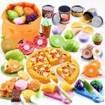 DawnReach Pretend Play Food Sets for Kids Kitchen Accessories Montessori Toys,66PCS Cutting Toy Food with Pizza,Fruits&Storage Bag,Play Kitchen Pretend Food Toys for 3 Year Old Boys Girls Gift