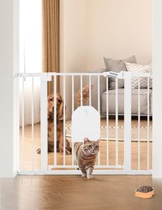 Babelio Auto Close Baby Gate with Small Cat Door, 29-43" Metal Cat Gate for Doorway, Stairs, House, Easy Walk Thru Dog Gate with pet Door, Includes 4 Wall Cups and 3 Extension Pieces, White
