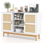 TANGZON Storage Cabinet, Wooden Kitchen Sideboard with Bamboo Woven Doors, Open Shelves, Solid Wood Legs & Anti-Tipping Device, Floor Standing Accent Buffet Cupboard for Dining Living Room Hallway