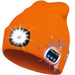 Bluetooth Beanie Hat with Light,Birthday Gifts for Mens Cool Gadgets for Dad,Camping Headlamp Rechargeable LED Hat Warm Knitted Cap Music Hat Orange