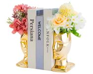 BOIHEGU Head Bookends for Shelves Decorative, Ceramic Multi Face Shiny Gold Flower Vase(Set of 2) Gold Accent Home Bookshelf Decoration, Creative Aesthetic Face Vase(Gold)