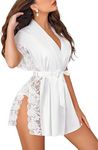 Avidlove Women Lace Robe Lingerie Satin Sexy Nightgown Sleepwear For Bridesmaid (White,L)