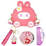 FunBlast Bunny Sling Bag with Key Ring, Comb and Mirror – silicone Mini Bag for Girls, Fancy Bag for Girls, Purse, Stylish Cross Body Bag with Adjustable Strap, Korean Bag for Girls (Bunny-Pink)