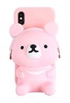 UnnFiko 3D Cartoon Pocket Case for iPhone, Pink Cute Bear Purse Stand Holder, Squishy Soft Silicone Protective Phone Case for Girls Women (iPhone XR)