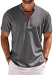 COOFANDY Men's Linen Henley Shirts Short Sleeve Henley Shirt Casual Collarless Henley Beach Summer Shirt Hippie Henley Dark Grey