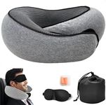 Travel Neck Pillow 100% Pure Memory Foam Neck Pillow, Comfortable & Breathable Cover, Machine Washable, Airplane Travel Kit with 3D Contoured Eye Masks, Earplugs and Luxury Bag (Grey)