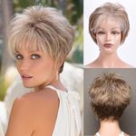 LEOSA Ombre Blonde Pixie Cut Wig with Bangs for Elegant White Women Short Honey Blonde Straight Wavy Pixie Cut Wigs Blonde Mix Brown Synthetic Ombre Wavy Mixed Blonde Hair Fluffy Layered Haired Wig