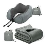 urnexttour Travel Pillow and Blanket Set, Memory Foam Neck Pillow Travel and Airplane Blanket Compact Soft, Plane Travel Essentials for Adult Traveling Car Train Sleeping, Grey