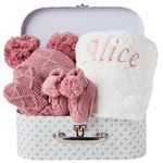 Personalised Baby Gifts Girl Set - Newborn Essentials for Girls, Personalised Gifts with Warm Winter Hat, Fleece Blanket, Knitted Booties, Gloves, Newborn Baby Essentials, Personalised New Baby Gifts