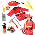 Fireman Costume for Kids,10Pcs Firefighter Costume with Toy Accessories,Fireman Dress Up Clothes Role Play Outfit Toys