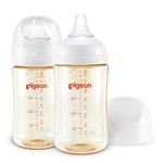 Pigeon PPSU Nursing Baby Bottle Wide Neck, Streamlined Body, Natural Feel, Easy to Clean, 8.1 Oz(Pack of 2), Includes 2pcs M Nipples (3m+)