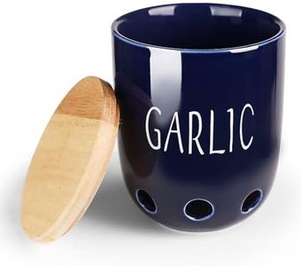 HAOTOP Ceramic Garlic Saver Container with Wood Lid (Navy)