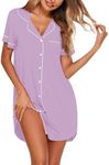 Ekouaer Button Nightgowns for Women Short Sleeve Nightshirt Boyfriend Notch Sleepshirt Soft Night Dress Light Purple L