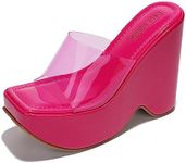 Cape Robbin Pinkki Platform Wedges - Wedges Heels for Women - 6-inch Women Wedge Heels Square Open Toe - Slip On Platform Wedge Heels with Clear Strap - Pink Size 8