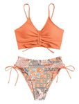 ZAFUL Women V Neck Bikini Set Ruched Tie Front High Waisted Floral Print Ribbed 2 Piece Bathing Suit Swimsuits, Orange, Medium