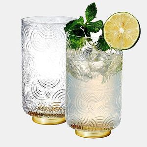 Khen Gatsby Highball Drinking Glassware | Set of 2 | Art Deco Ripple Gold Plated Tumblers For Cocktails, Water, Juice, Whiskey Crystal Drinking Glasses, Curved Arch Vintage Patterned Design 16 OZ