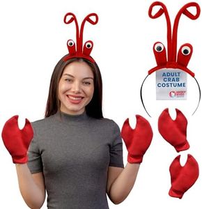 Lobster Antenna Headpiece With Eyeballs, Crab Claws Gloves Headband Mitt Kit - Crawfish Costume Accessories Set Red, One Size