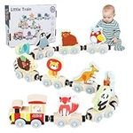 Fadcaer Wooden Train Toy Set, 11 Pcs Magnetic Animals Train Toy, Toddler Vehicles Toys for 2 3 4 Year Olds Toddler, Montessori Car Toys for Kids Age 1-5, Educational Learning Toys for Boys Girls