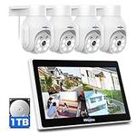 Hiseeu PTZ Wireless Security Camera System with 10'' HD Monitor, 4PCS Outdoor Security Cameras, Spotlight, 360° View, 2-Way Audio,10CH 5MP NVR Preinstall 2.5'' 1TB HDD, Work with Alexa, Cloud Storage