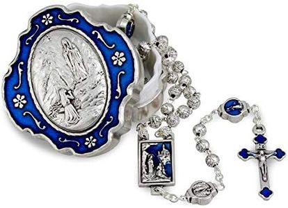 Catholic Rosary Beads with Metal Keepsake Gift Box Set (Lourdes Blue)