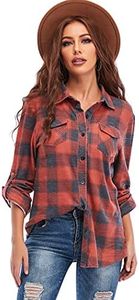 Jhsnjnr Womens Casual Loose Fit Button Down Shirts Plaid Flannel Shirt Blouses Tops Red Navy Blue