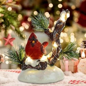 winemana Christmas Tabletop Decorations, LED Lights Cardinal Resin Ornament, Lighted Red Bird on Snowy Pine Tree Holiday Decor for Indoor Home Table Desk Kitchen Room Xmas Party