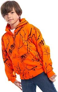 TrailCrest by Treel Kids Orange Safety Full Zip High Visibility Thick Fleece Hoodie Sweatshirt Hunting Jacket, Orange Camo, Large