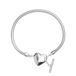 LeCalla 925 Sterling Silver BIS Hallmarked Love Heart Charm Adjustable Snake Chain Bracelet for Women and Girls with Toggle Clasp 7.5 Inches