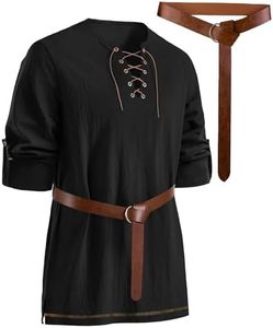 PARTTELY Mens Pirate Shirt Cotton Linen Long Sleeve Lace-Up Renaissance Shirt Medieval Costume Men with Belt for Halloween Costume